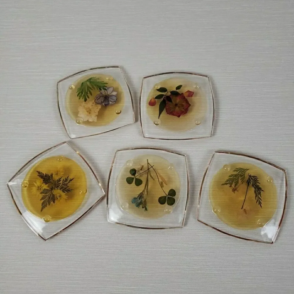 VTG 5 Clear Lucite Acrylic Coasters Pressed Flowers Clover Romantic Cottage MCM